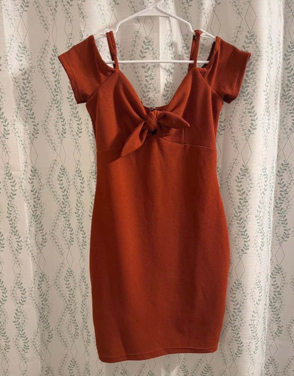 Le Chateau Rust Orange Tie Front Off Shoulder Mini Bodycon Dress
